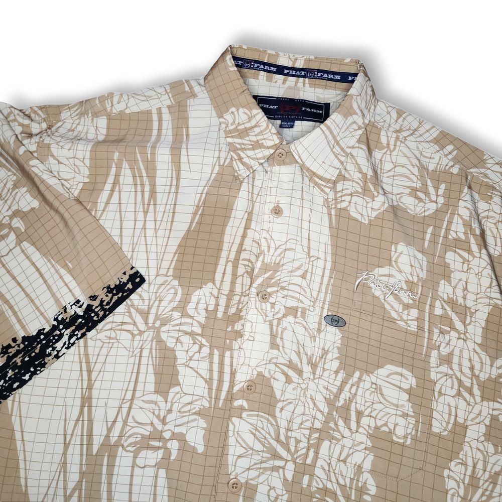 VINTAGE Phat Farm Men Button‎ Up Shirt 3XL Yellow Floral Hawaiian Short Sleeve